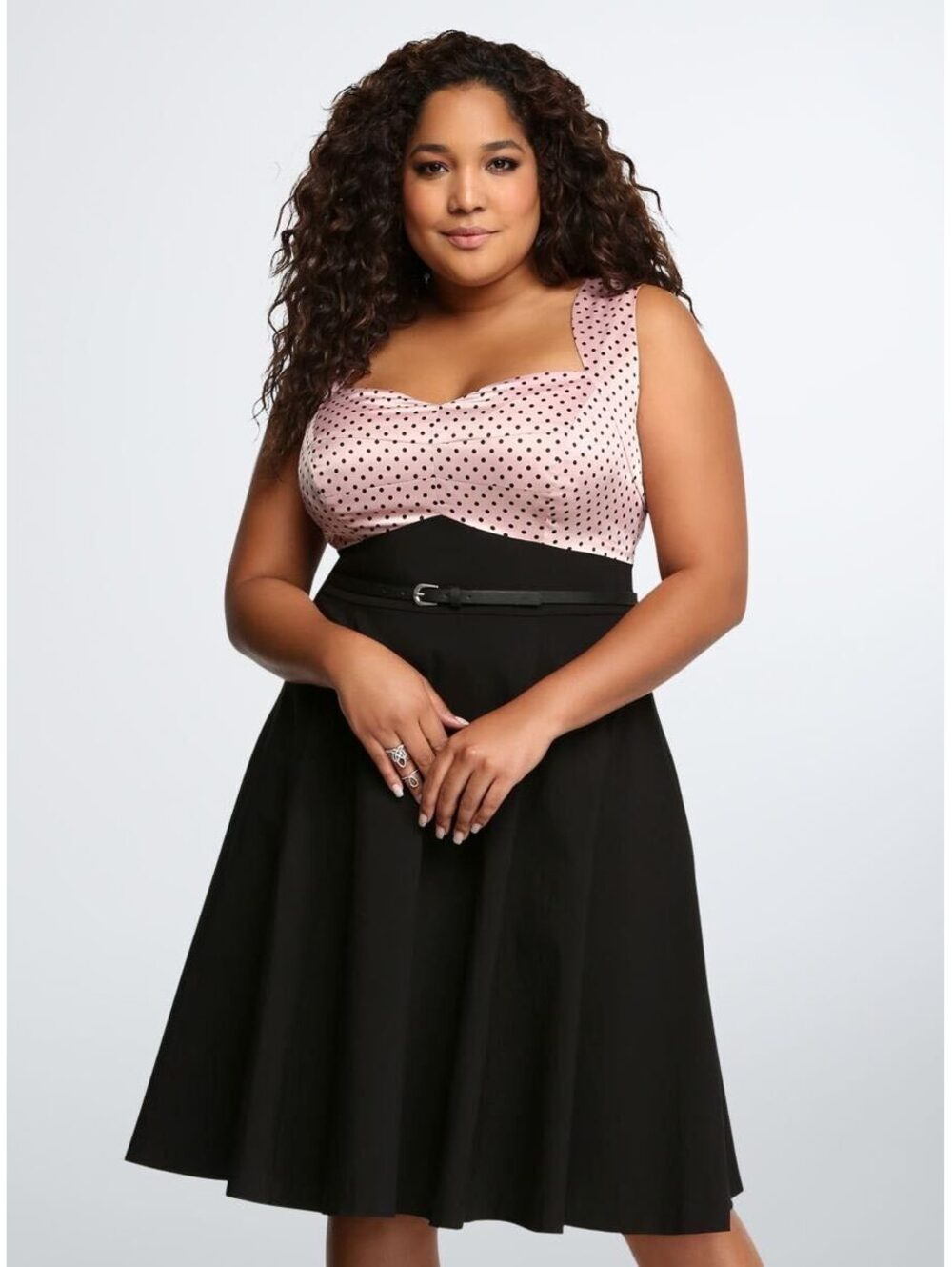 Torrid Polka Dot Fit Flare Cocktail Dress Pink Black A Line Size 16 No Belt